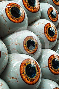 Close up of group of eyes with yellow and orange iris like in cat's eye except they are white and black. Generative