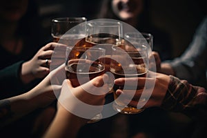 Close up of group of friends clinking glasses with beer at party, Group of peoples holding Beer on glass, AI Generated