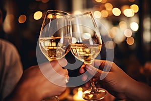 Close up of group of friends toasting with glasses of white wine at restaurant