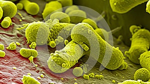 A close up of a group of green bacteria on a red surface