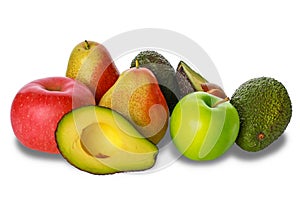 Close up group of healthy fruits, Peruvian Avocado, Green apple, Red apple, European Pear,  isolated on white background