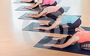 Close up group of people doing yoga child`s poses in studio trai