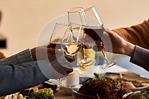 Close up of group of people toasting with wine glasses in celebration