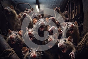 Close up of a group of rats in a cage at a farm