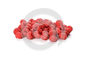 Close up group red raspberries fruits isolated on white background. Healthy fruits concept