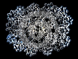 Close-up on a group of spherical nanoparticles, in glass material, with depth of field on black background