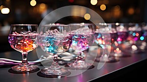 Close-up of group of stylish coloured cocktails with ice and lemon on the bar counter. Generative AI