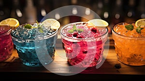 Close-up of group of stylish coloured cocktails with ice and lemon on the bar counter. Generative AI