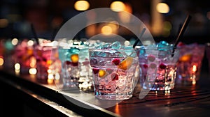 Close-up of group of stylish coloured cocktails with ice and lemon on the bar counter. Generative AI