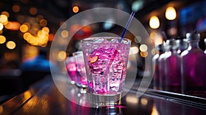 Close-up of group of stylish coloured cocktails with ice and lemon on the bar counter. Generative AI