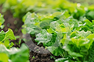 Close up of growing green vegetables, lettuce and vegetable garden with focus on the leaves in springtime. Ai generated