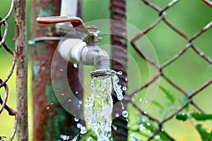Close up of grunge brass faucet on green bokeh background. Water