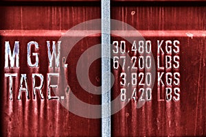 Close up of grungy red shipping container, with loading limit data painted on the door.