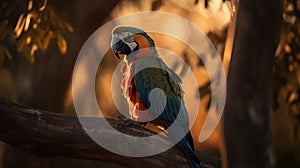 Close-up Of Guacamaya On Tree Branch During Golden Hour