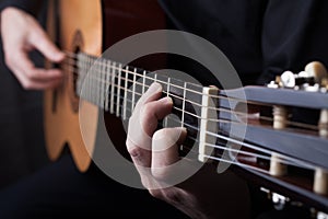 Close up of an guitar being played.