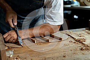 Close-up of guitar luthier using chisel to shave bracing of acoustic guitar