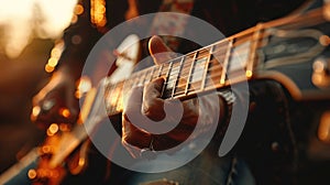 A close-up of a guitar player's fingers sliding down the fretboard, capturing the essence of rock-n-roll music for