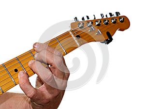 Close-up of a Guitarist Fingering Chords against a White Background