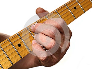 Close-up of a Guitarist Fingering Chords against a White Background