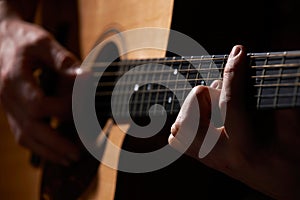 Close Up Of Guitarist Playing Acoustic Guitar