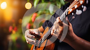 Close-up of guitarists skillful hands playing with blurred background, capturing dedication