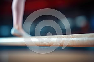 Close-up of a gymnast\'s feet on a balance beam, blurred background