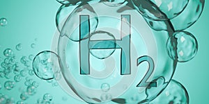 Close up of H2 hydrogen symbol in bubble floating between other bubbles on green background, clean energy, liquid hydrogen or