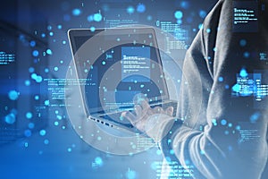 Close up of hacker hands using laptop with creative binary coding hologram on blurry background. Software programming code and