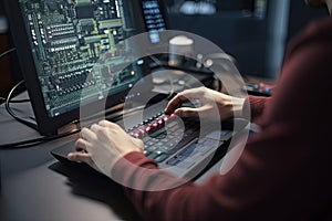 Close up of a hacker using a computer to steal information. Male programmer closeup rear view working on a laptop, Ai Generated