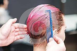 Close up of hairdresser is combing client`s wet pink hair in hair salon