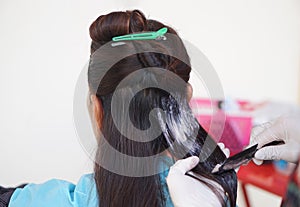 Close up hairdresser hands wears gloves, apply dye color cream on client's hair.