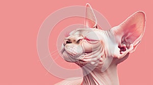 Close-up of a hairless sphinx cat joyfully closing its eyes against a pink background