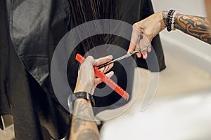 Close up of hairstylist trimming hair of customer in a beauty salon. Care and beauty hair products