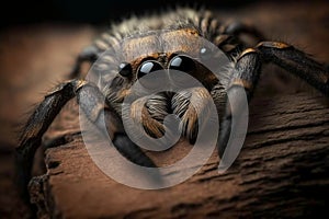 Close-up of hairy, eight-eyed tarantula scuttling on wood, Generative Ai