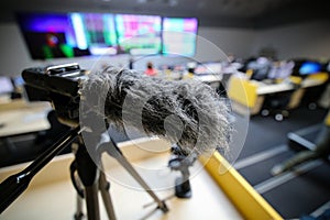 Close up of a hairy microphone or a microphone fitted with a fuzzy windscreen nicknamed