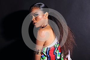 Close Up half body of 20s Asian two Woman with Fashion make up African hill Tribe style