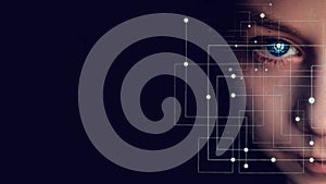 Close-up half face man portrait with binary code in eyes with digital technology network grid on face