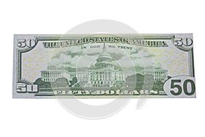 Close up of half fifty dollar isolate on white background with clipping path.