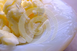 Close-up of a halved boiled egg