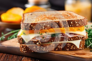 close-up of a ham and cheese sandwich on whole wheat bread