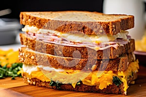 close-up of a ham and cheese sandwich on whole wheat bread
