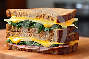 close-up of a ham and cheese sandwich on whole wheat bread