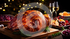 Close up of Ham glazed with Honey. Festive Kitchen Backdrop