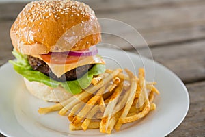 Close up of hamburger and french fries in plate