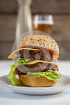 Close-up of hamburger in plate