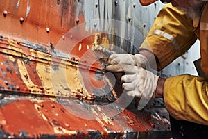 close-up of a hand applying paint to the hull of a ship