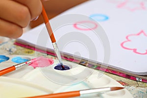 Close up hand art kid paint watercolor paper for education.