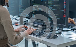 close up hand of Asian prompt engineer developer coding app with software data sitting in front of computer monitor at office