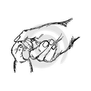 close-up hand of baby and mother holding together vector illustration sketch hand drawn with black lines, isolated on white