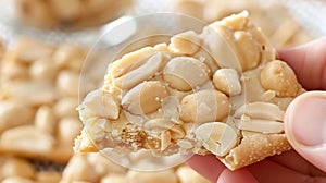 Close up of hand breaking peanut brittle, highlighting crunchy texture peanuts, satisfying snack